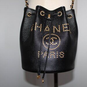Chanel Deauville Bucket Black Caviar Leather Shoulder Bag Crossbody Studded